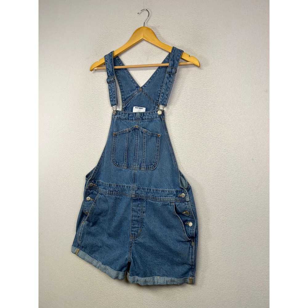 Cottagecore Old Navy Women L Blue Denim Short Overalls Cuffed Bib Shortalls - Picture 12 of 13